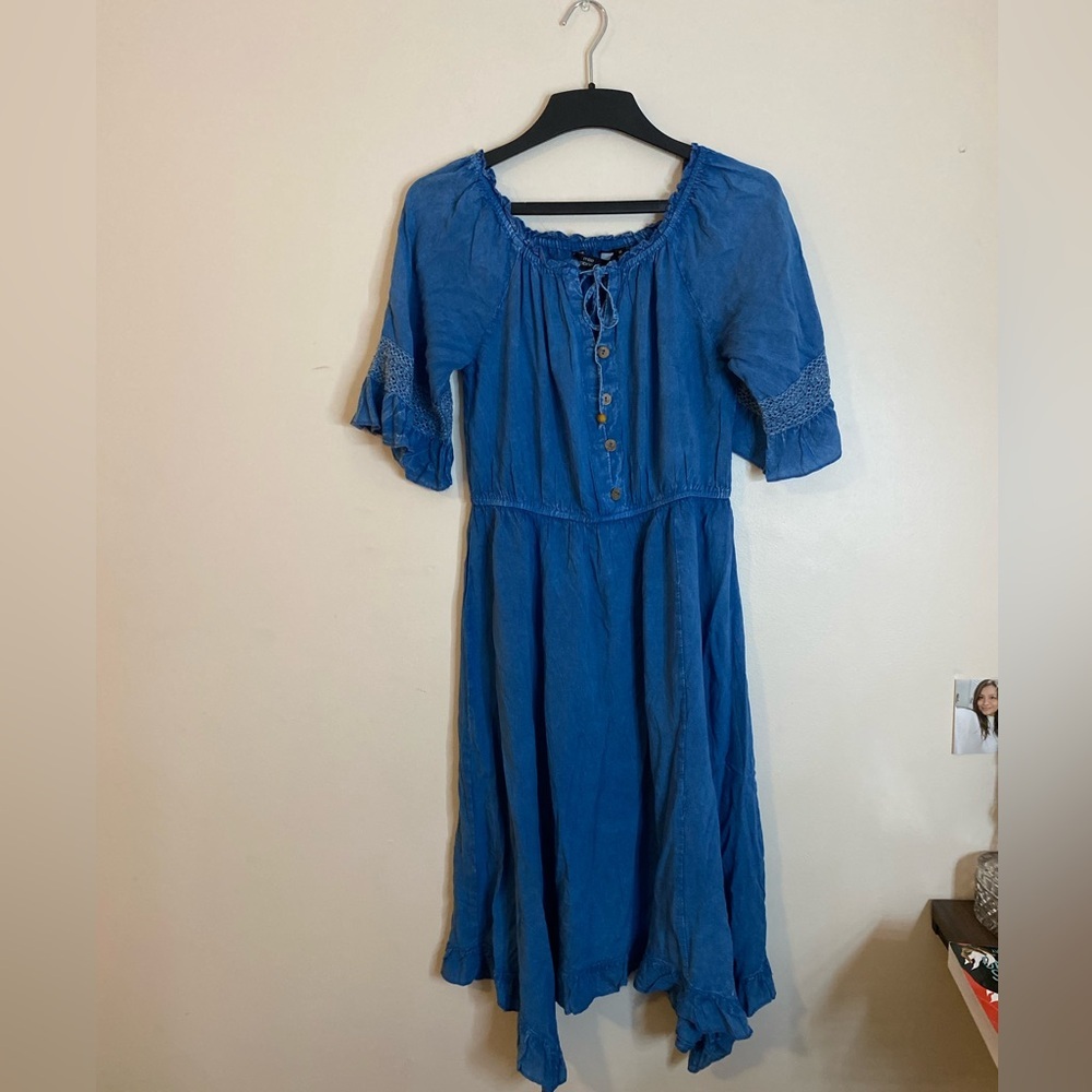 Blue Peasant Midi Dress with Button Front and bell crochet sleeves